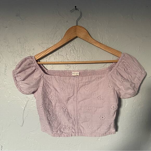 Romantic Soft Girl Lavender Puff Sleeve Crop Eyelet Blouse 100% Cotton Medium - Picture 1 of 6